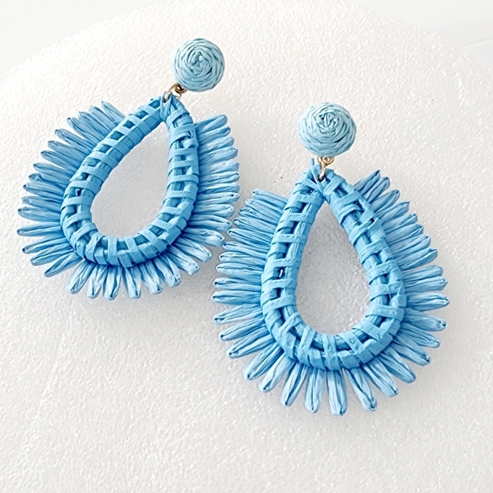 Sun Star Fashion Teardrop Raffia Light Blue Earrings